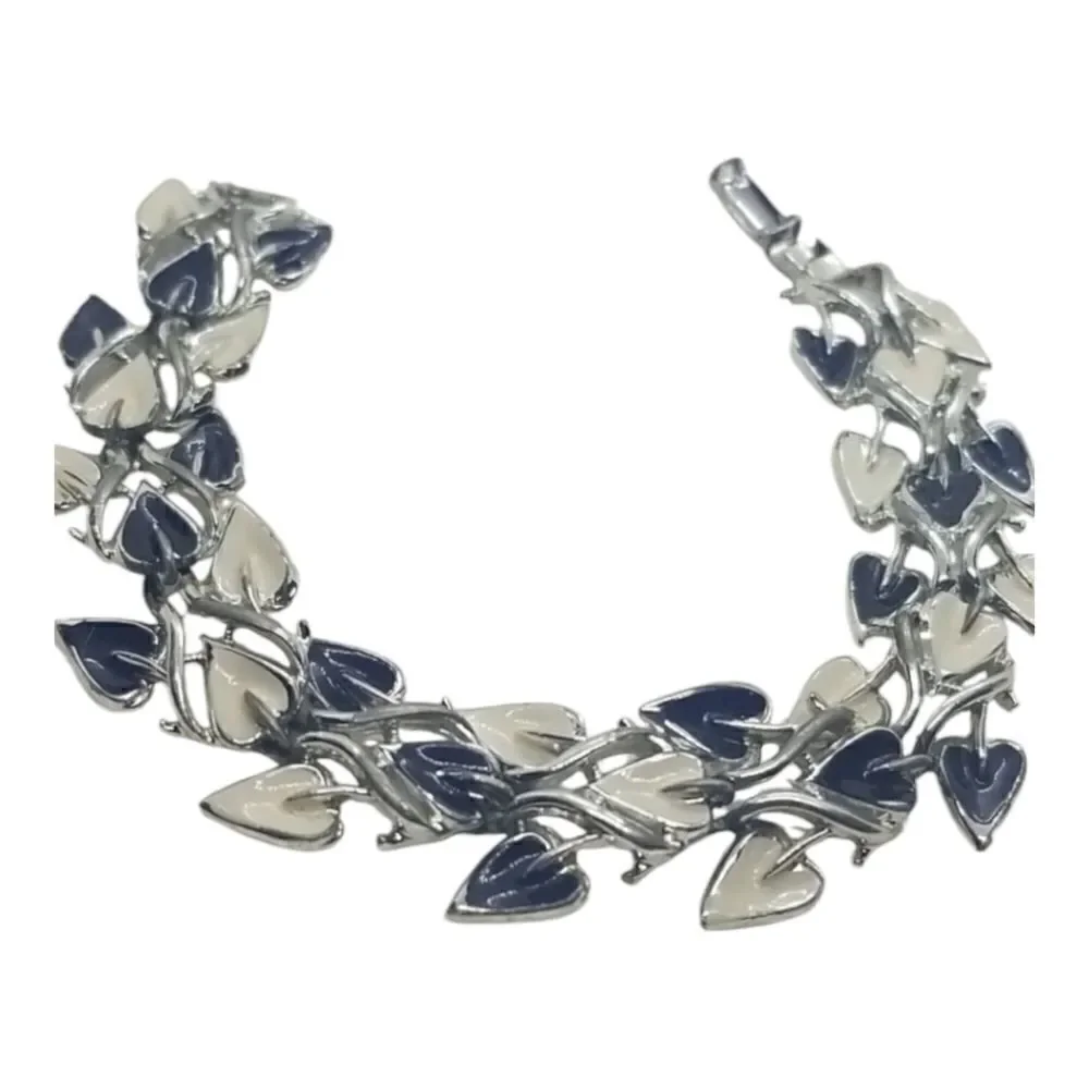 Coro Bracelet Leaf Black White Leaves Enamel Link Vintage Bracelet